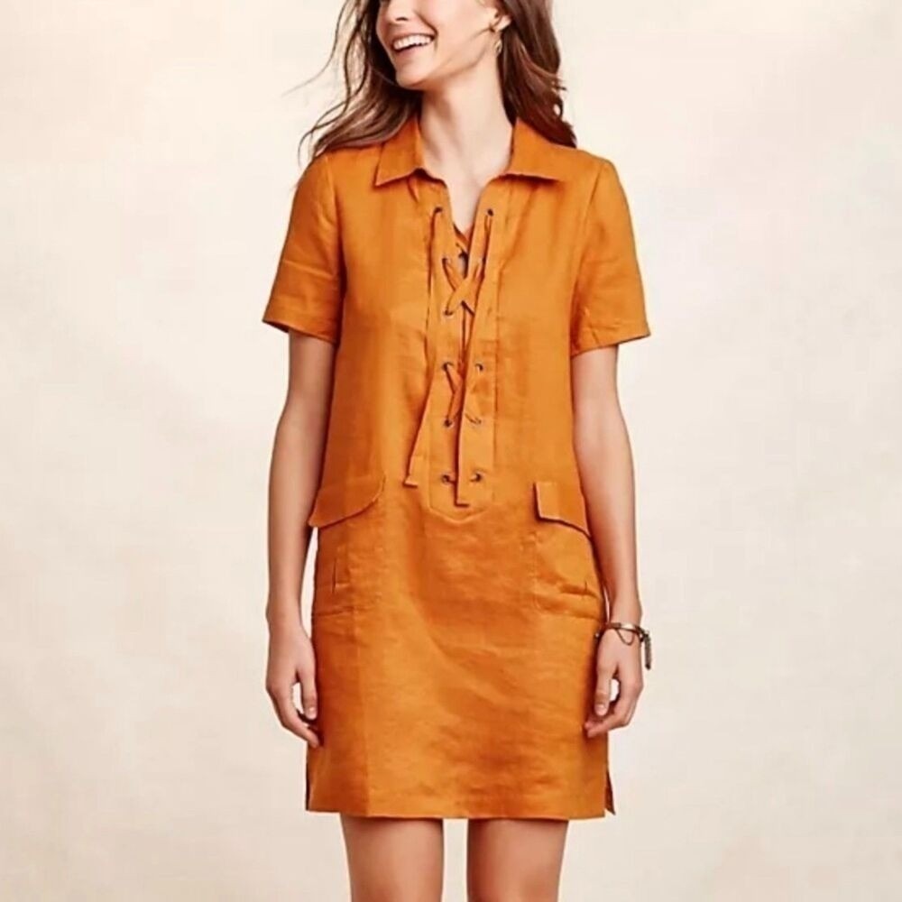 Maeve Anthropologie 100% Linen Pumpkin Short Sleeve Lace Up Tunic Dress 2 Mini